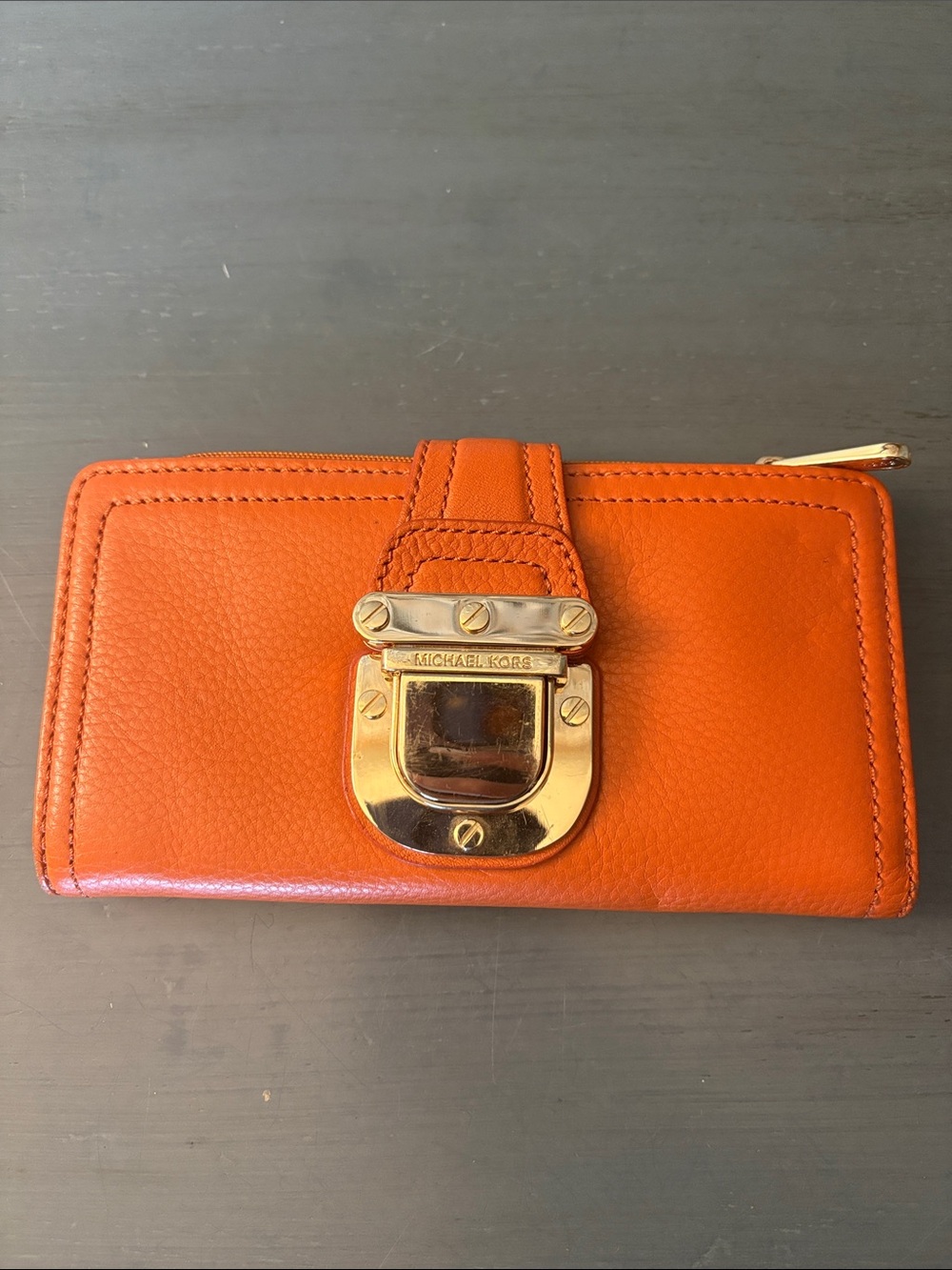 Michael Kors Charlton Orange Leather Wallet Gold Buckle Push-Lock Latch EUC